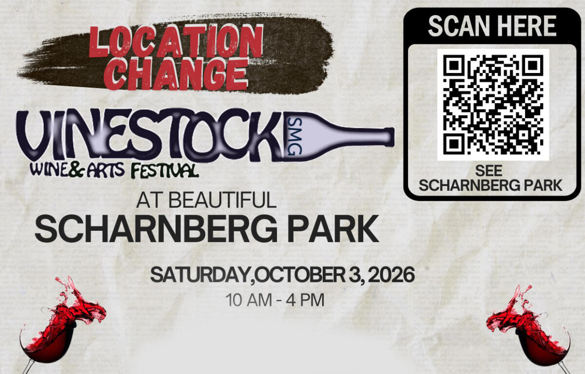Poster for Unestock wine & arts festival at Scharnberg Park with date and hours (Oct 3, 2026, 10 AM–4 PM). Includes a QR code area labeled Scan Here.