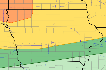 Regional map with diagonally oriented colored bands (orange to green) indicating varying risk/coverage; state boundaries faintly visible.
